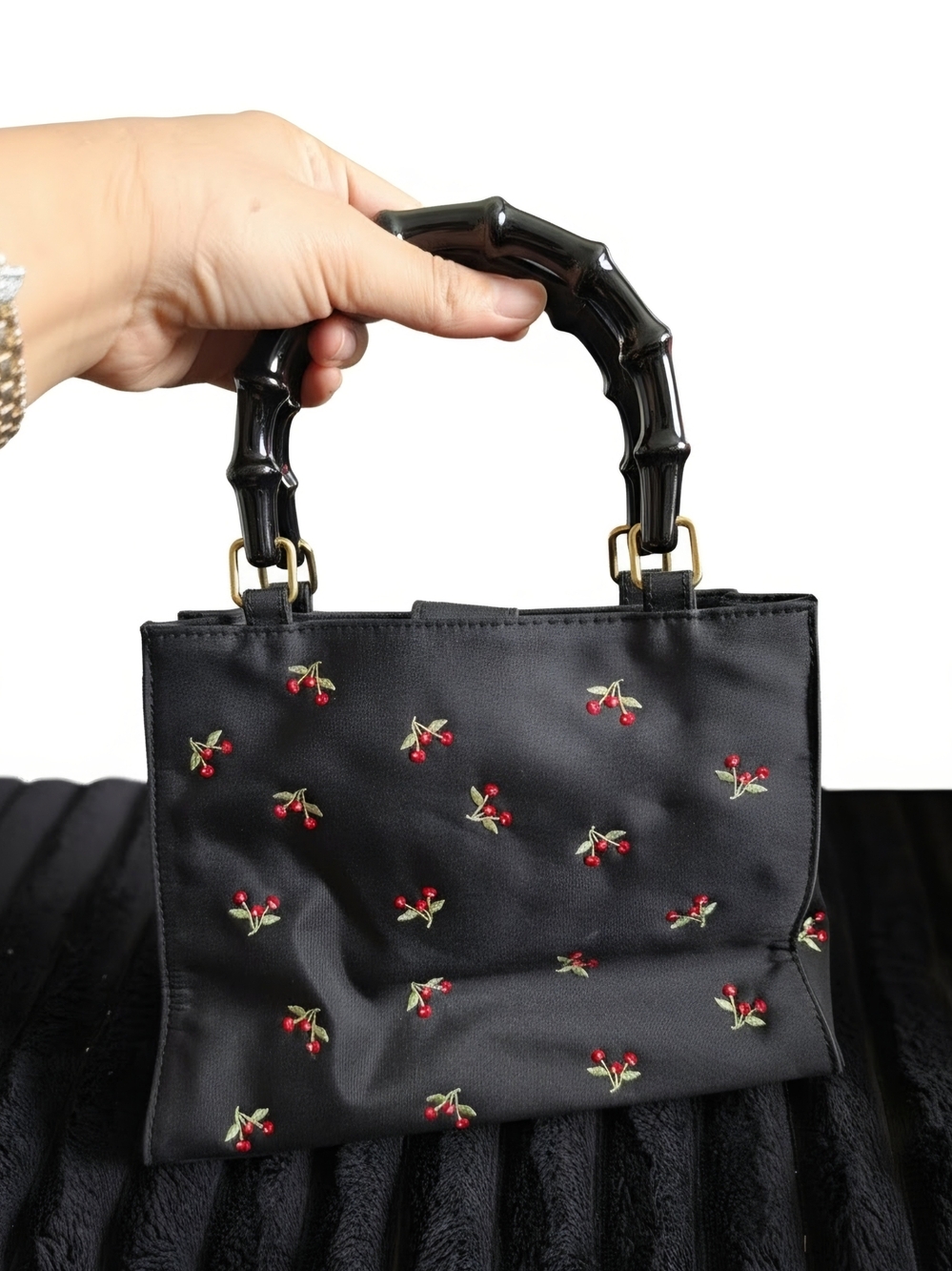 Black Embroidered Cherry Top-Handle Bag